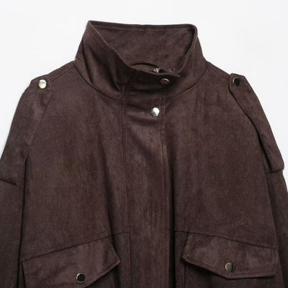 Women's retro suede jacket coat in classic brown with long sleeves and front pockets