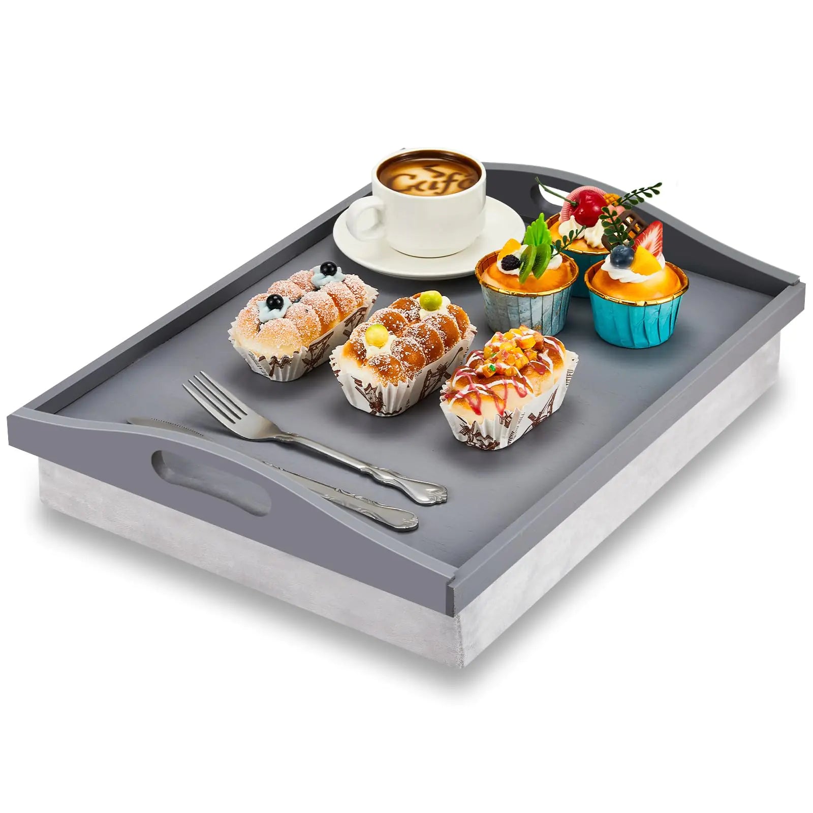 Tioncy Bamboo Lap Tray with Detachable Pillow 16.9 x 13 Lap TV Trays Lap Desk with Handles for Adults Eating in Recliner Breakfast Housewarming Gift(Grey1 Piece)