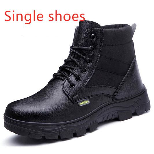 All-weather industrial safety shoes by BACKUPMYFILESNOW® featuring durable leather upper and slip-resistant rubber outsole.