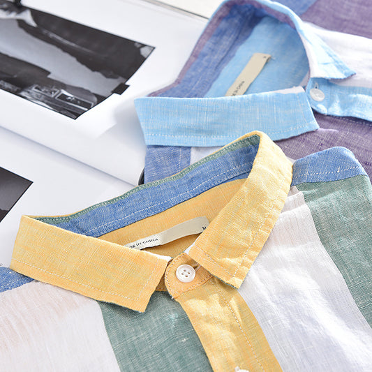 Vintage linen color-block shirt for men by BACKUPMYFILESNOW® featuring a classic 1938 style in neutral tones.
