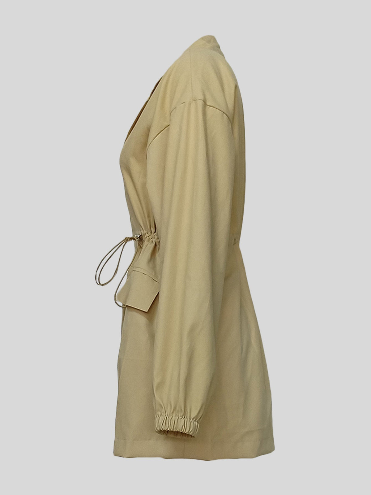 Women’s mid-length drawstring waist trench coat in a classic design; brand not visible.