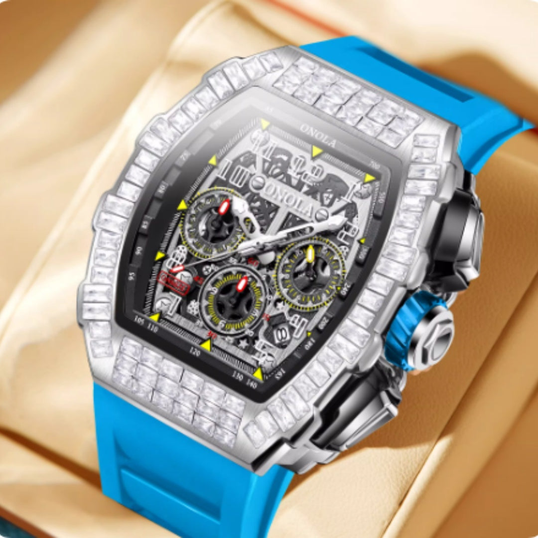 Men's luxury square diamond watch with star pattern on the dial