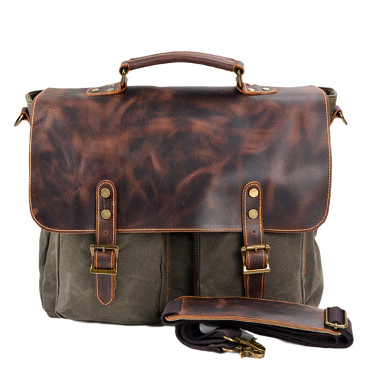 Waterproof canvas and leather stitching briefcase handbag in a structured design