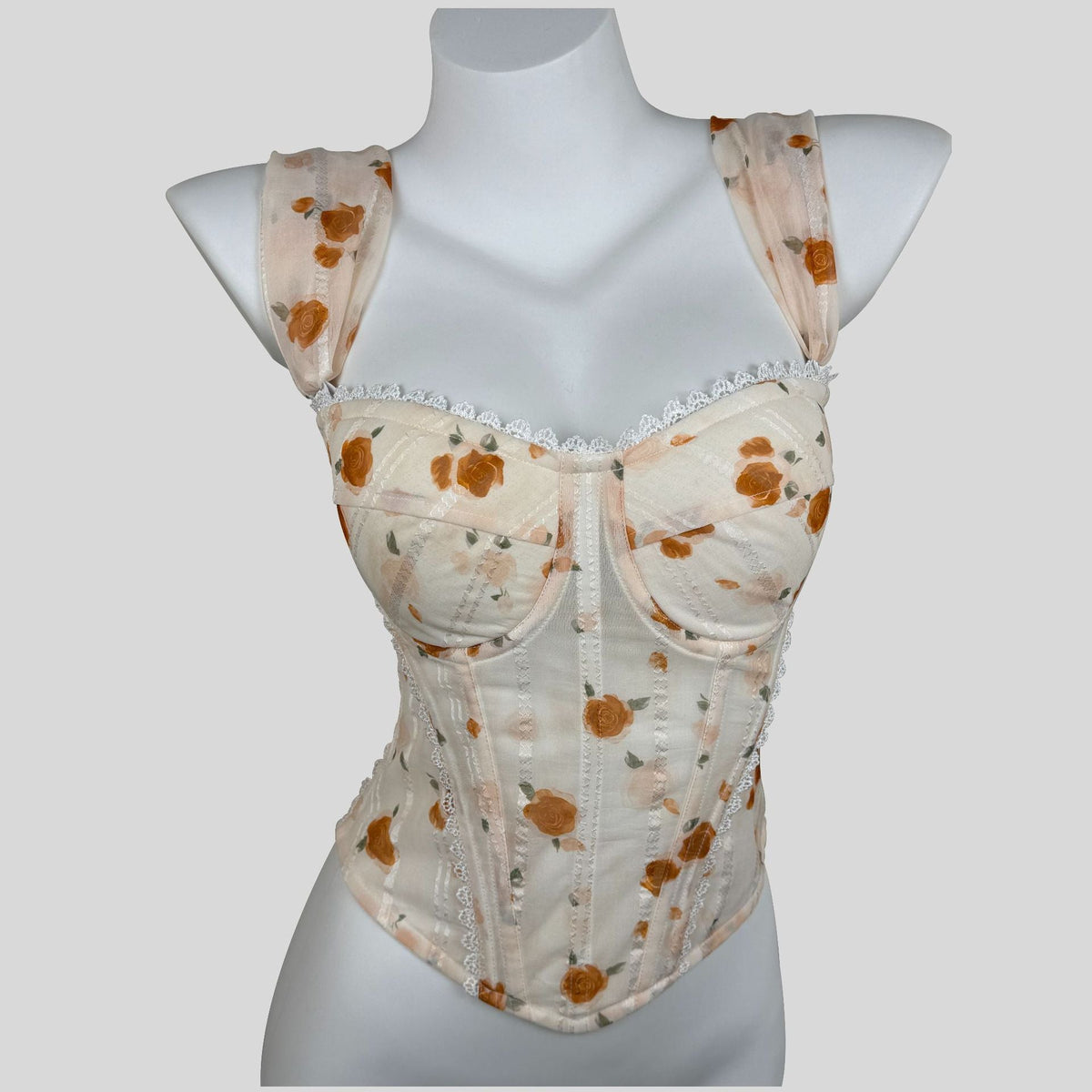 Apricot lace-trimmed underbust corset with slimming fit and spaghetti straps