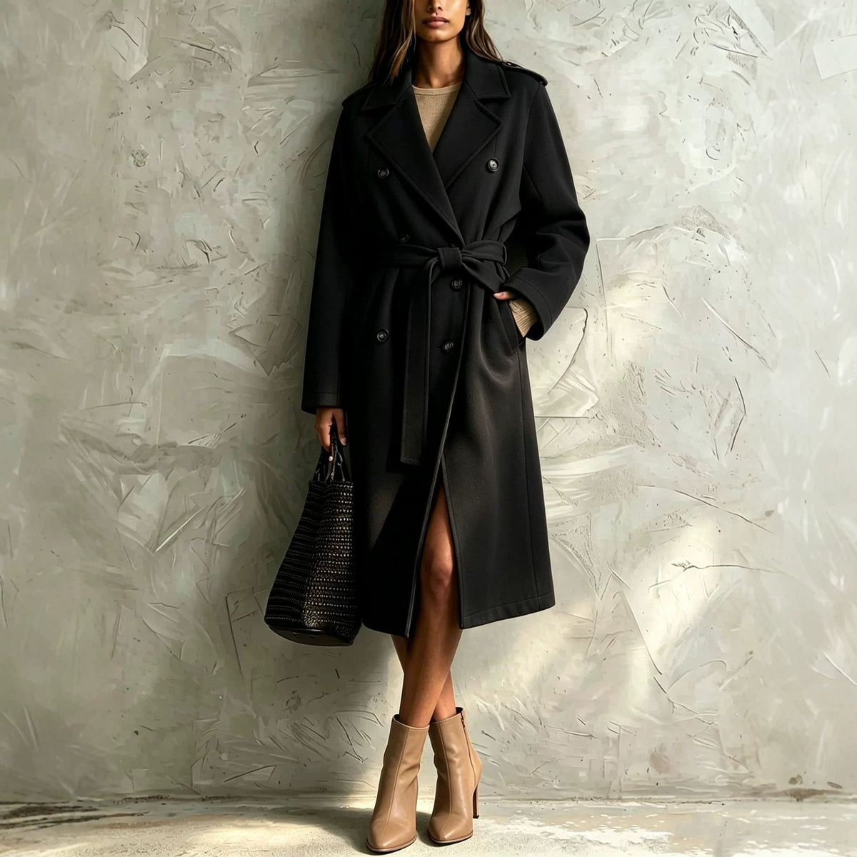 Double-breasted belted mid-length wool coat in a structured silhouette