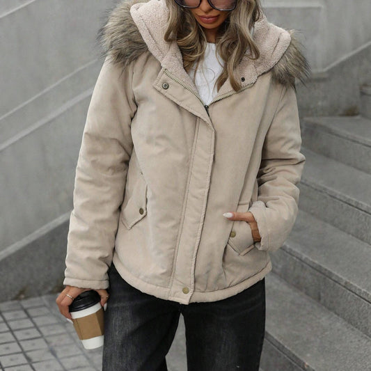 Thickened hooded cotton-padded jacket with a fur collar, front view
