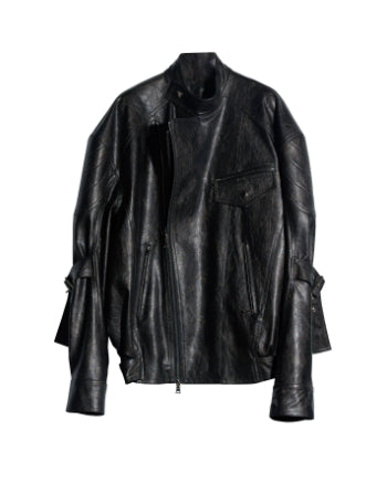 Dark Rock genderless futuristic motorcycle vintage jacket in black with a rugged, structured design