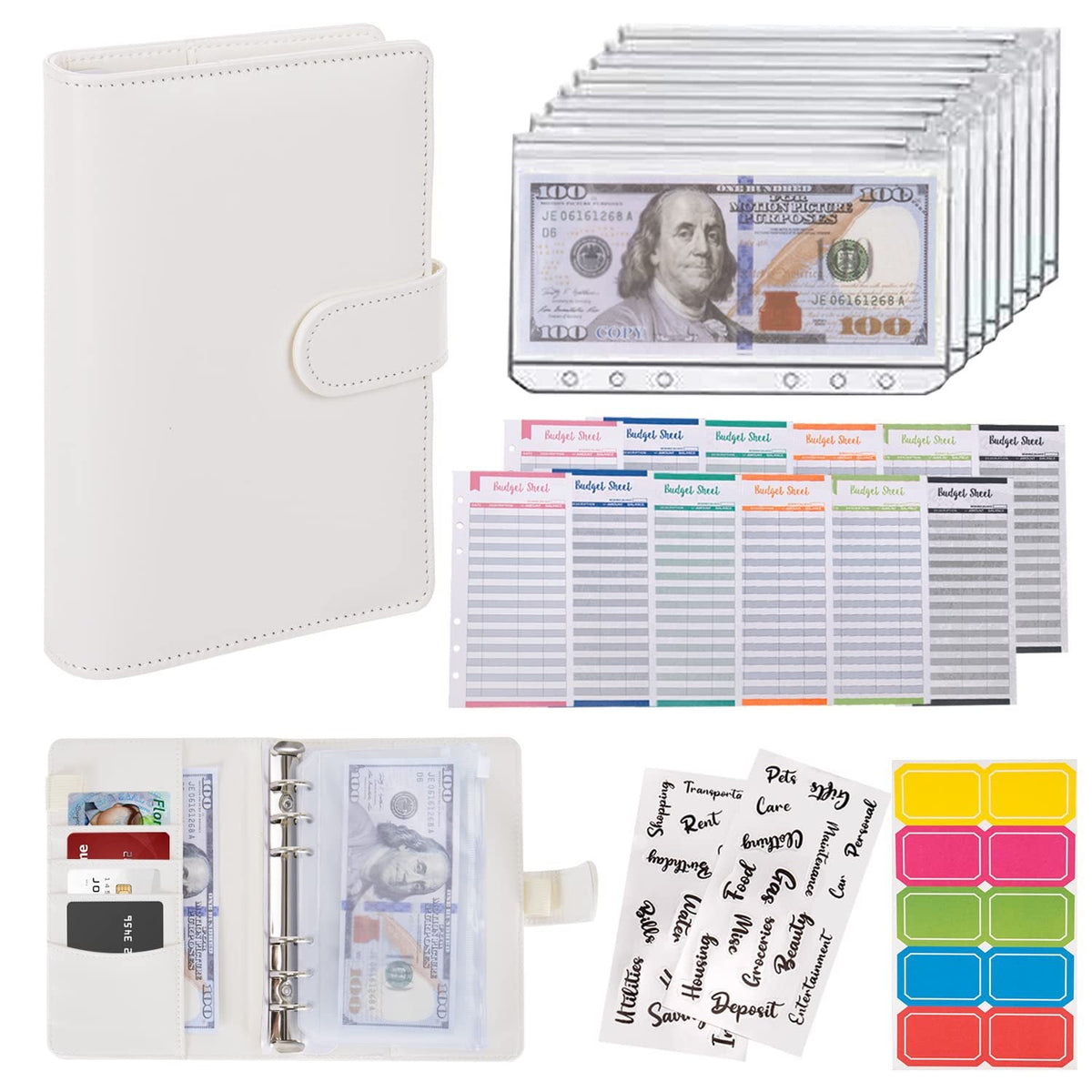 Macaron loose-leaf leather notebook with zipper wallet and bill storage bag, open view