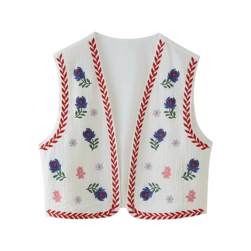 Retro style embroidered vest top with detailed stitching and sleeveless design