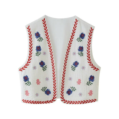 Retro style embroidered vest top with detailed stitching and sleeveless design
