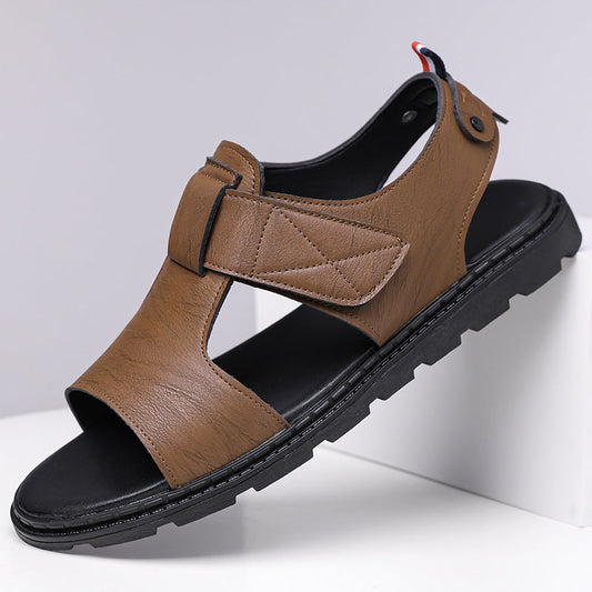 Men's casual breathable leather sandals with soft soles, brown open-toe design and adjustable straps