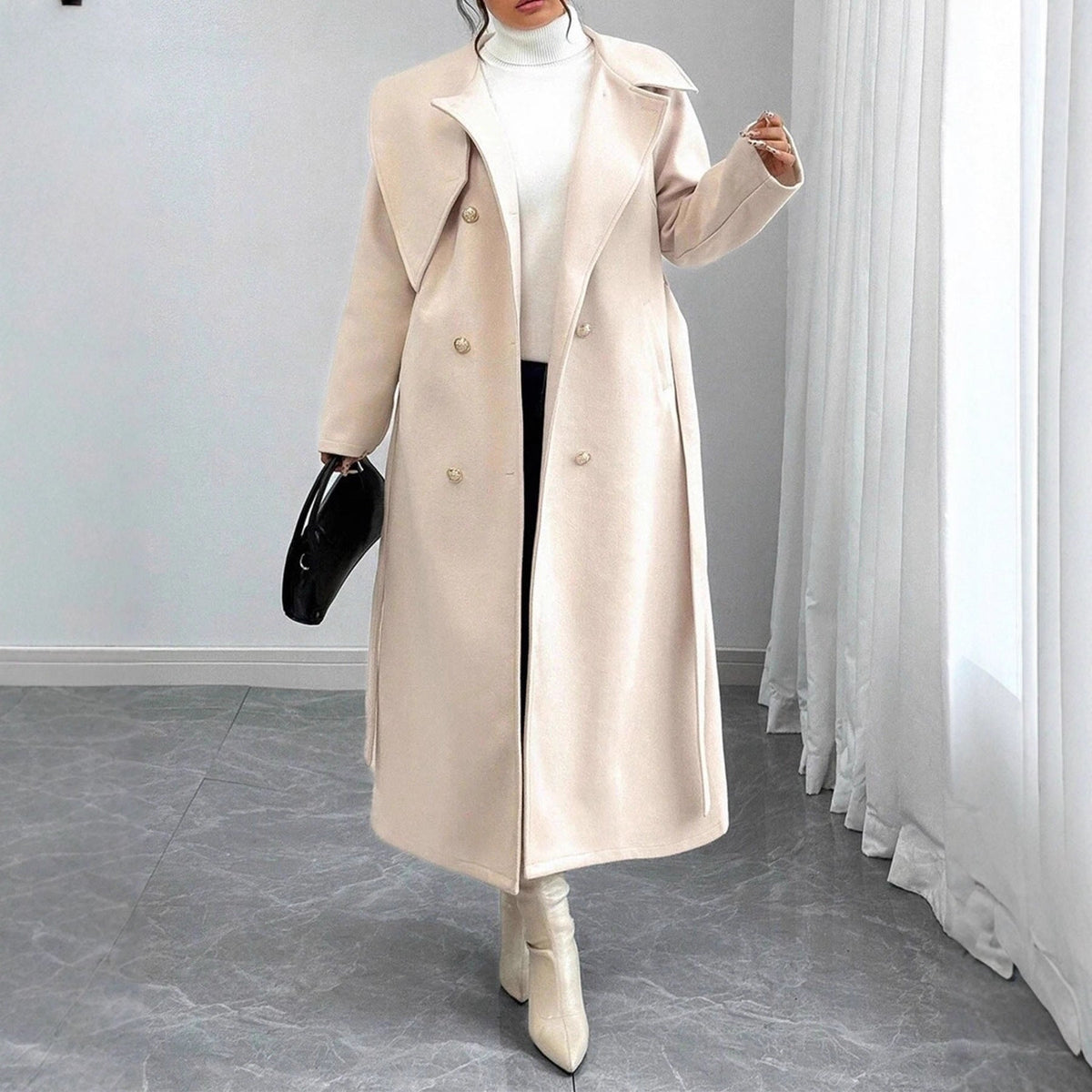 Women's double-breasted wool coat with asymmetrical collar in winter style