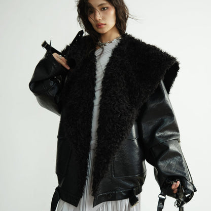 Mid-length heavyweight PU leather silhouette jacket in black, front view