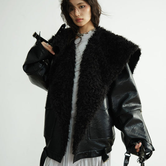 Mid-length heavyweight PU leather silhouette jacket in black, front view