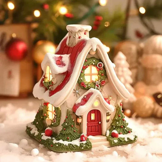 Luminous Snow House incense burner made of resin with built-in light and winter cottage design