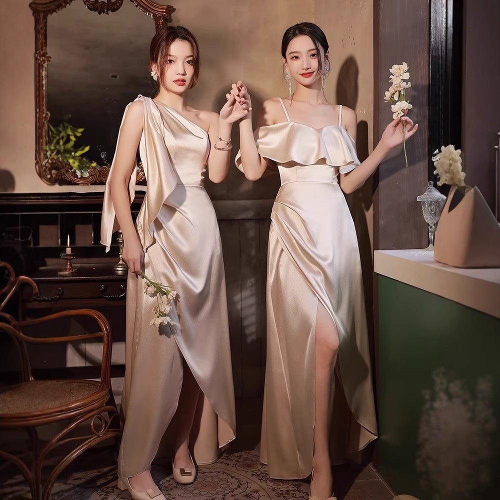 Simple light luxury satin sisters group party formal dress in elegant design