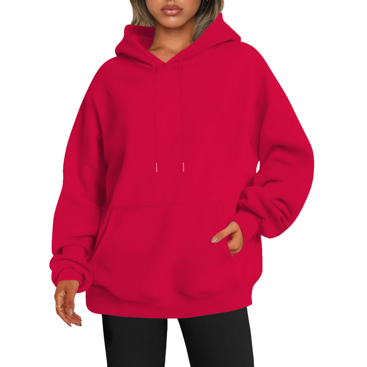 Women's solid-color loose-fit drop-shoulder hooded sweatshirt in a simple design