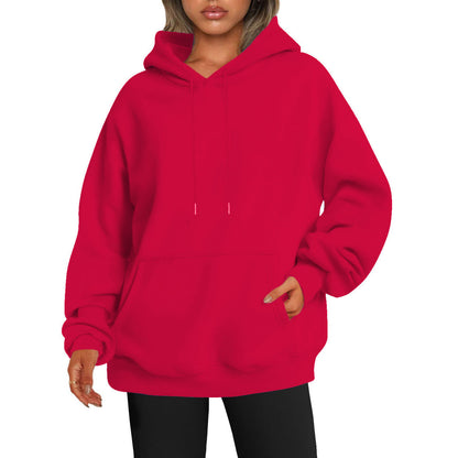 Women's solid-color loose-fit drop-shoulder hooded sweatshirt in a simple design