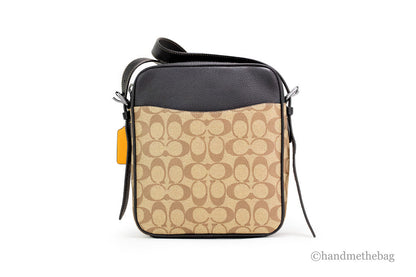 Coach Hudson 21 khaki terracotta signature varsity stripe crossbody bag with adjustable strap and sleek design.