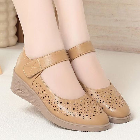 Womens wedge-heeled sandals with soft sole and soft upper, side view