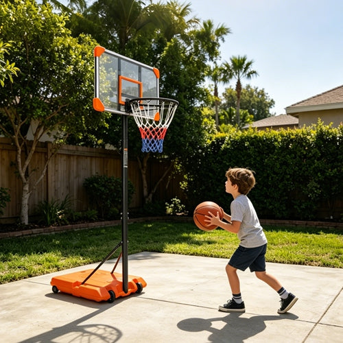Adjustable kids basketball hoop by GBruno Store with wheels, height range 5.6 to 7 feet, featuring a sturdy backboard and hoop.