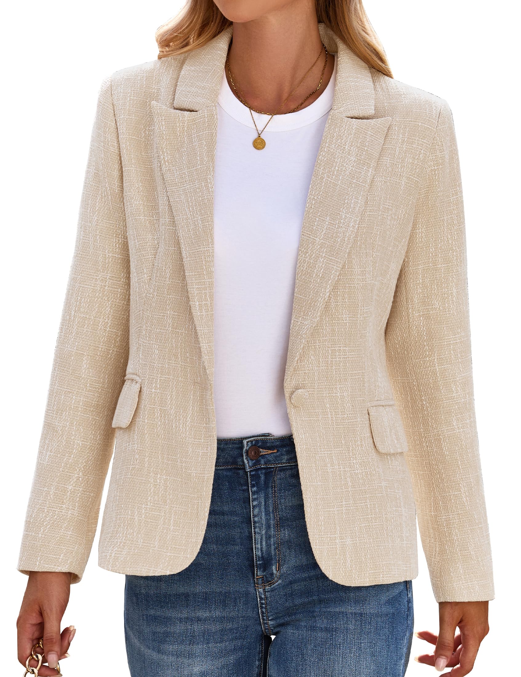 luvamia Tweed Blazers for Women Business Casual Dressy Blazer Jacket Womens Blazers Casual Womens Jacket Winter Womens Business Casual Outfits for Work Beige Size Medium Fits Size 8 / Size 10