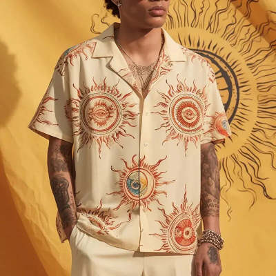Printed casual men's short-sleeve shirt with colorful all-over pattern and button front