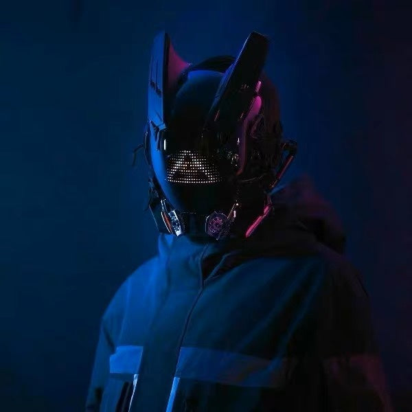 Luminous helmet mask with futuristic technology design, white and blue illuminated visor