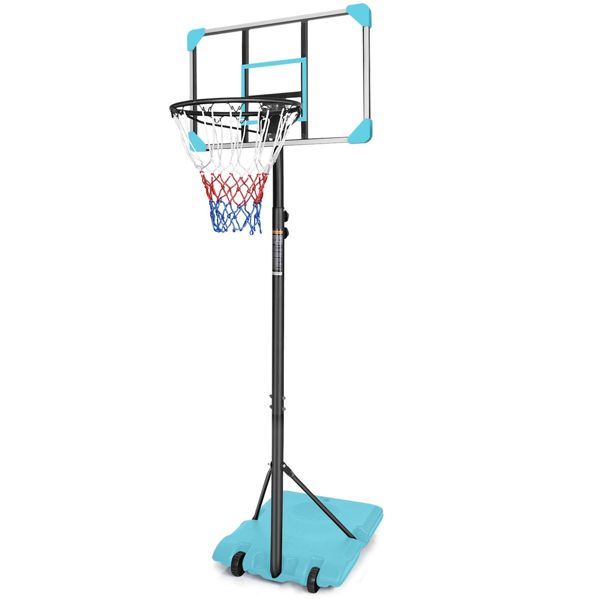 Kids basketball hoop by GBruno Store, adjustable 5.6-7ft height with wheels, shown in a backyard setting.