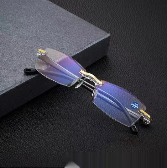 Frameless diamond trimming anti-blue light presbyopic glasses for men and women, reading eyewear close-up