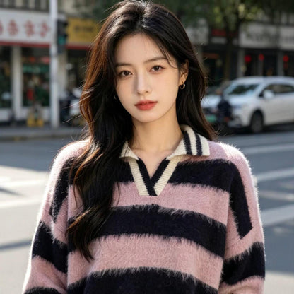 Women's retro color-block striped off-shoulder pullover sweater with lapel collar