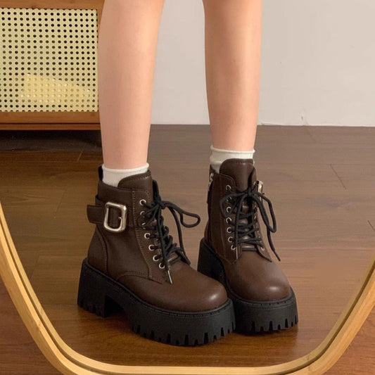 Women's ankle boots with laces and height-increasing design, side view