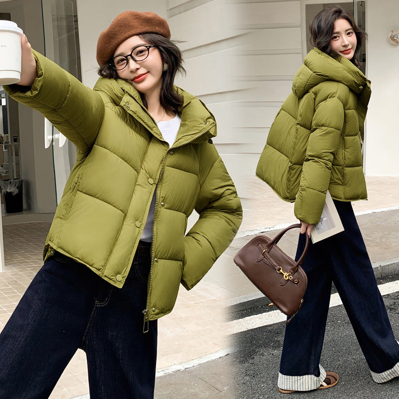 Women's stylish short down puffer coat in a quilted design, front view