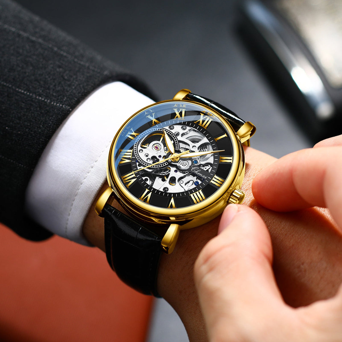 Hollow waterproof luminous automatic mechanical watch with exposed skeleton dial and stainless steel case