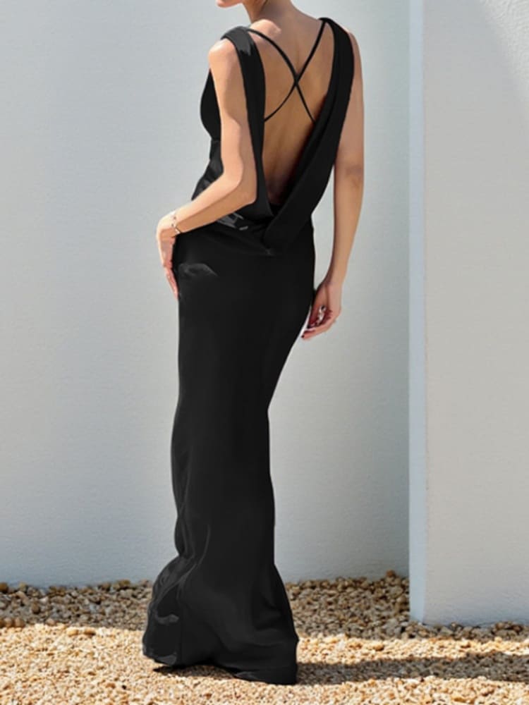 Deep drape neck gown dress in an elegant floor-length silhouette