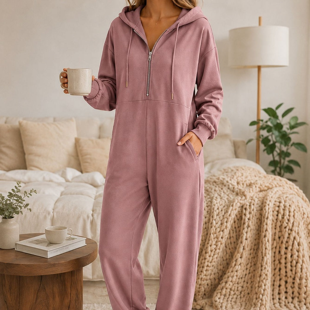 Hooded zip-up casual loose-fitting jumpsuit in a relaxed silhouette