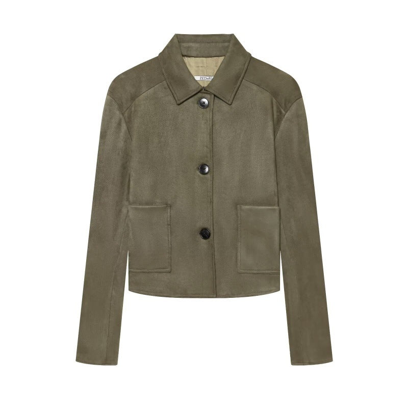 AutumnWinter retro-chic suede velvet lapel double-breasted jacket in a tailored silhouette