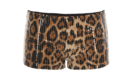 Sequin leopard print women's micro shorts from BACKUPMYFILESNOW® featuring shiny sequins and a fitted style.