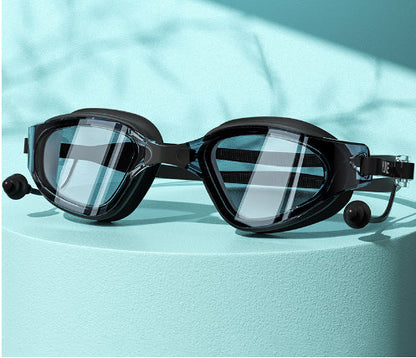 HD fog waterproof large frame swimming glasses, clear anti-fog lenses and adjustable blue frame