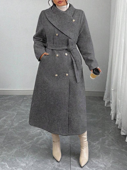 Women's double-breasted wool coat with asymmetrical collar and winter styling