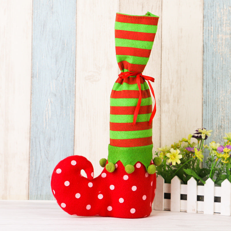 Striped Christmas wine bottle decoration set with festive red and white designs