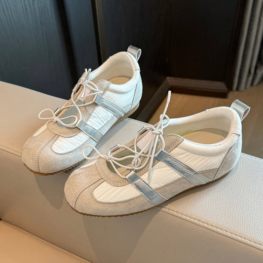 Women's Y2K retro color block cross-strap patchwork suede sneakers with lace-up slip-on design