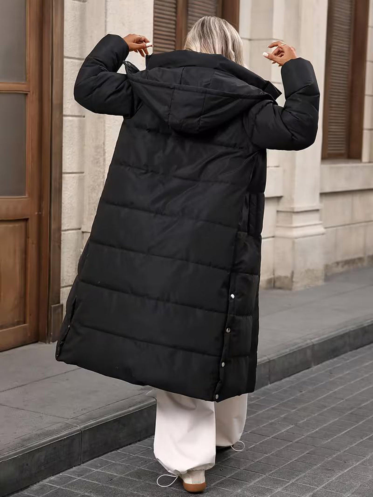 Black long-length hooded thickened cotton coat for women by My Store