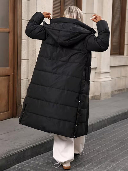 Black long-length hooded thickened cotton coat for women by My Store