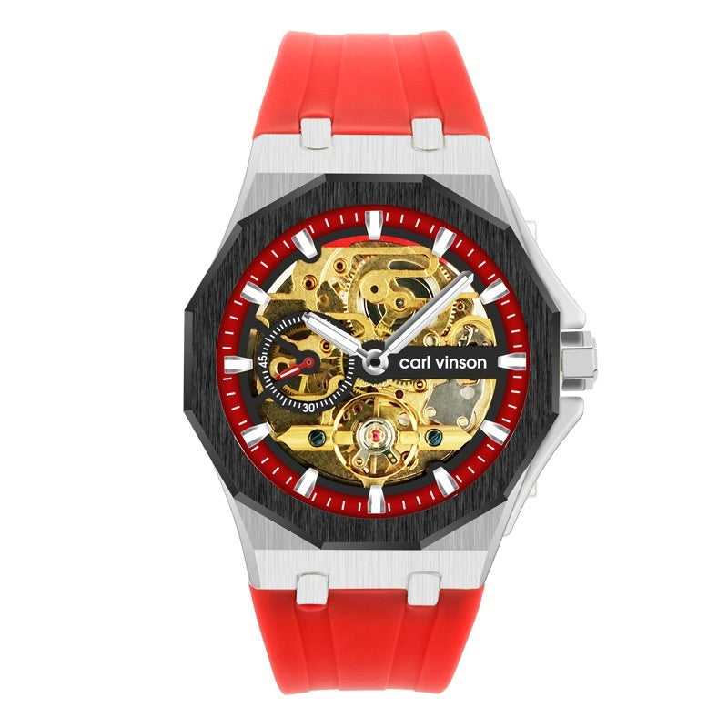 Fully automatic luminous mechanical alloy watch with decorative hollow dial and silicone strap