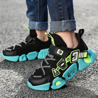 Mesh fly woven Velcro breathable sneakers with textured knit upper and adjustable strap, side view