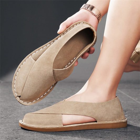 Plus-size leather slip-on outdoor casual hollow-out sandals in a comfortable openwork design