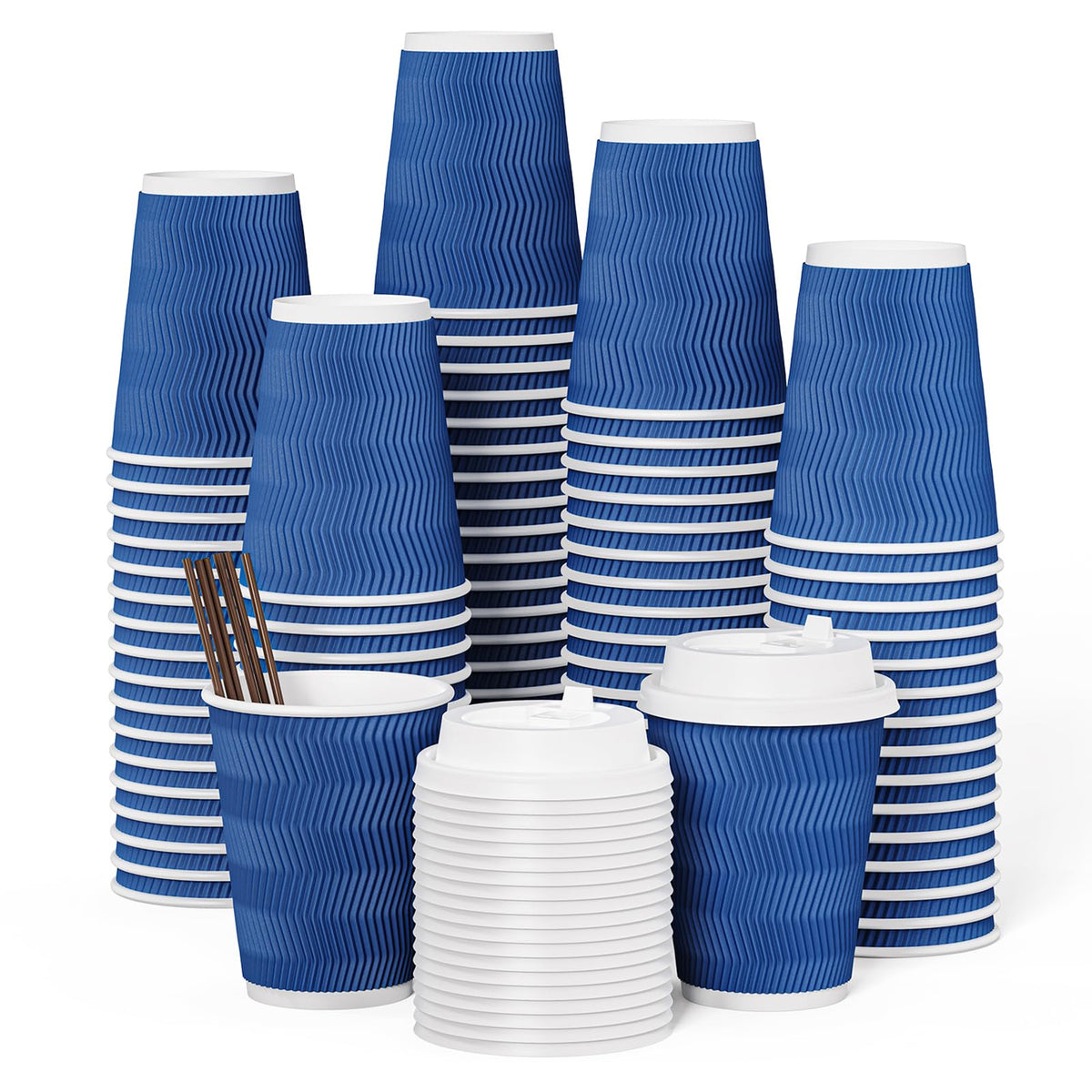 JOLLY CHEF 100 Pack Disposable Coffee Cups 12oz To Go Coffee Cups with Lids and Stirrers Insulated Paper Coffee Cups for Hot Beverage