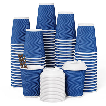 JOLLY CHEF 100 Pack Disposable Coffee Cups 12oz To Go Coffee Cups with Lids and Stirrers Insulated Paper Coffee Cups for Hot Beverage