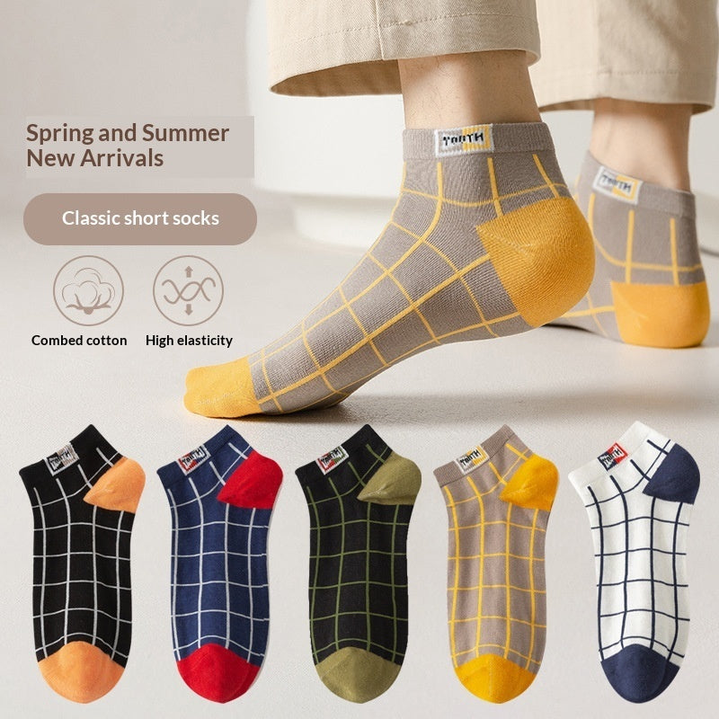 Men's cotton plaid socks, low-cut ankle style, all-season pattern in neutral tones
